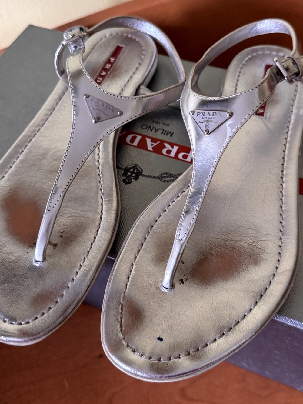 Prada Metallic Silver Leather T-Strap Sandals